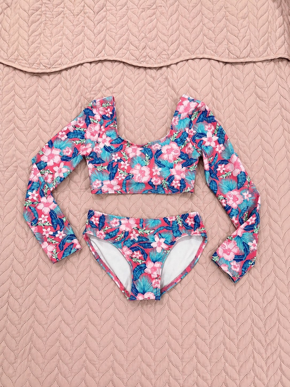 art class Pink & Blue Floral Long-Sleeve Kids Bikini Set